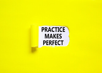 Practice makes perfect symbol. Concept words Practice makes perfect on beautiful white paper. Beautiful yellow background. Business practice makes perfect concept. Copy space.