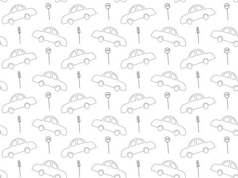 A black and white seamless doodle pattern of small cars