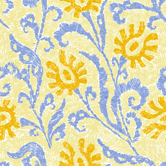 Bohemian seamless pattern. Imitation of embroidery. Print for home textiles, pillows, blankets, carpets. Vector illustration. - 690294722