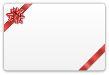 White vector gift card with red ribbon and bow and white space