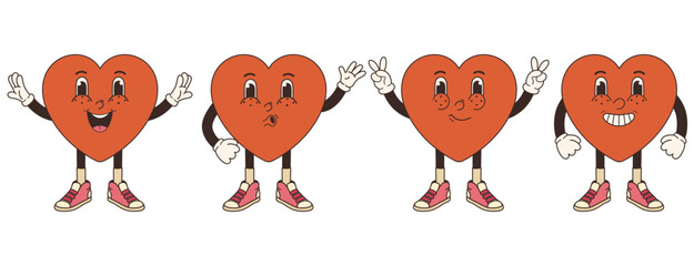 Vector set of Valentine's Day red groovy hearts in trendy retro 70s style. Vector illustration