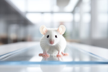Testing animals and healthcare, medicine development, forbidden tests on animals concept. Small white laboratory mouse with dark eyes in on metal lab office looking in camera