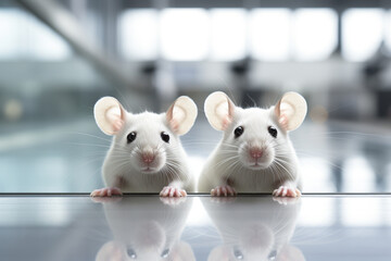 Two white laboratory mice with dark eyes in on metal lab office looking in camera. Testing animals and healthcare, medicine development, forbidden tests on animals concept