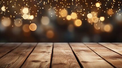 Closeup view of wooden table against blurred Christmas interior. Generative Ai