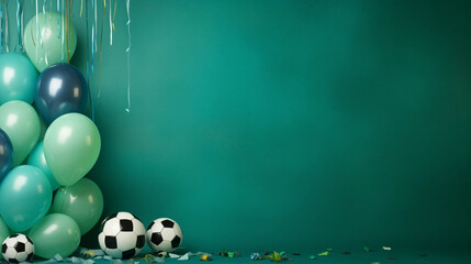 copy space, stockphoto, birtday card for child, soccer theme. Beautiful design for a greeting card or birthday card. Template for birthday card, soccer theme. Soccer themed. Copy space available.