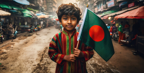 Bangladeshi boy holding Bangladesh flag in Dacca street - obrazy, fototapety, plakaty