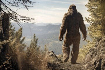 Bigfoot or sasquatch walking away into the distance.  - obrazy, fototapety, plakaty