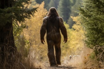 Bigfoot or sasquatch walking away into the distance.  - obrazy, fototapety, plakaty