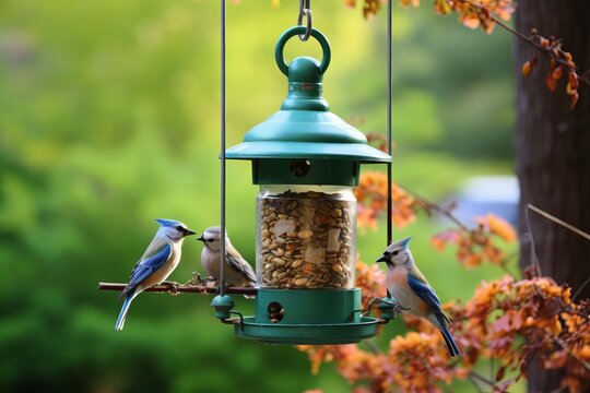 Beautiful birds at a bird feeder in a summer garden.
