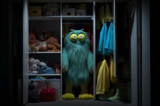 A not very scary monster in a young child's closet. 