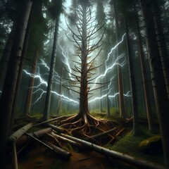 Thunder, light, lightning strikes a tree, generative ai