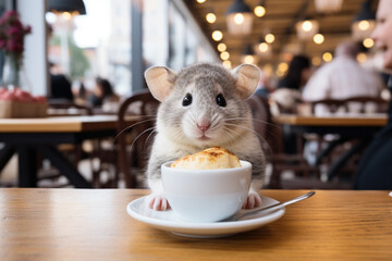 Fighting poisoning dangerous rodent in dirty public canteen places concept. Rat mouse looking into camera standing on bar counter in care restaurant with coffee cup on table
