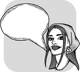 Beautiful young woman talk. Empty speech bubble for sale promotion, text background, quotes. Hand drawn illustration, cartoon comic style vector.