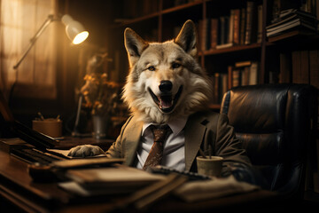 Smiling male wolf serious in an expensive formal suit, the king of beasts, Strict big boss is...