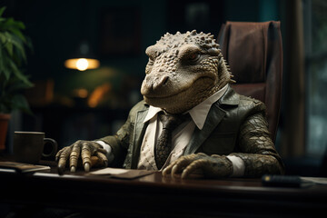  Iguana male sitting in expensive formal suit at table desk, crocodile the king of beasts, the big...