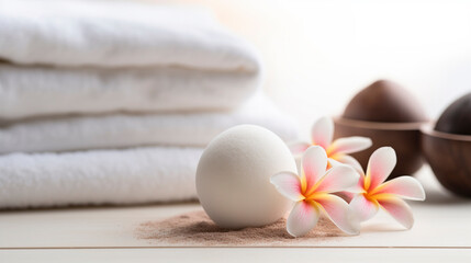 Spa towels and plumeria flowers. Selective focus.