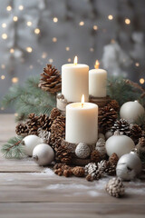 Fototapeta na wymiar Burning candles and Christmas decor on wooden background