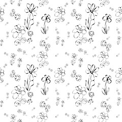 Seamless nature pattern with black and white hand drawn flowers of different sizes. Vector illustration.