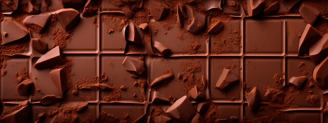 Chocolate bar pieces texture. Selective focus.