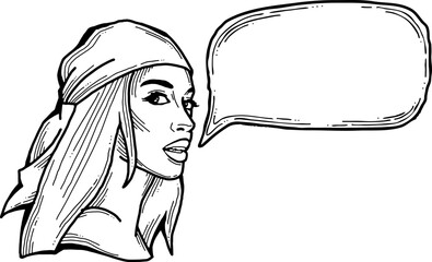 Beautiful young woman talk. Empty speech bubble for sale promotion, text background, quotes. Hand drawn illustration, cartoon comic style vector.