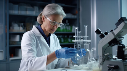 Fototapeta premium Senior female scientist conducting experiments in a lab with test tubes and a microscope