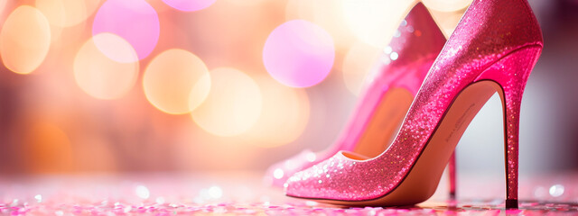 Beautiful shiny high heel shoes on a woman's feet. Selective focus.