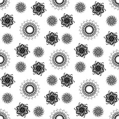 Seamless pattern with circle shaped snowflakes-like flowers. Hand drawn vector illustration.