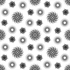 Seamless pattern with circle shaped snowflakes-like flowers. Hand drawn vector illustration.