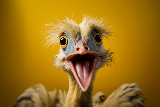 Portrait Banner for Website of surprised amazed duck goose pet with a curious face with open mouth at on yellow background. Website banner concept. Advertising postcards, notebooks.