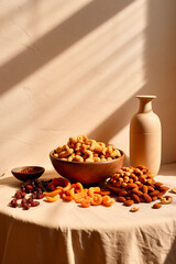 Nuts and dried fruits on the table. Selective focus