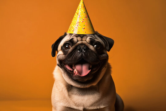 Banner for Web of domestic pug pet with a happy face at funny birthday party wearing colourful hat yellow background. Holidays celebrations concept. Advertising postcards.