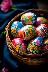 Fototapeta premium Easter background with many Easter eggs. Selective focus.