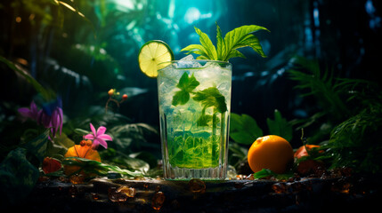 Tropical cocktail with lime in a glass. Selective focus.