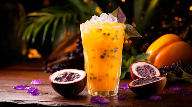 Tropical cocktail with passion fruit in a glass. Selective focus.