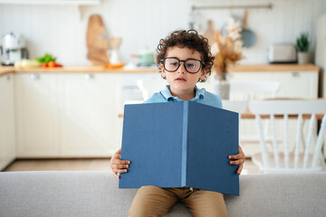 Preschooler curly caucasian cute boy  in large glasses holding big book sitting on sofa at home....