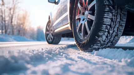 Naklejka premium Car wheels on a snowy road. Selective focus.
