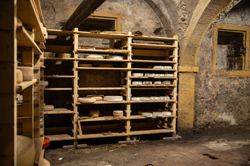 aged cheese in the cellar ready to eat eating cooking appetizer meal food snack on the table copy space food