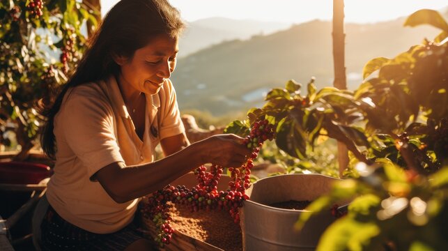 Farmer picking coffee cherries, coffee bean harvesting in plantation