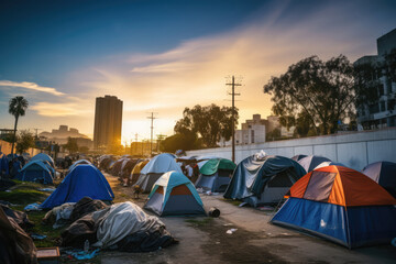 Homeless Community Survives In Tents Amidst Cityscape - obrazy, fototapety, plakaty