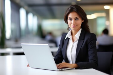 Office Working Girl With Laptop Computer In Office Environment