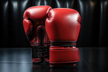 Pair of red boxing gloves on dark background, close up. Sports training - obrazy, fototapety, plakaty