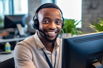 Happy man call center agent wearing headset in office. Smiling male contract service representative telemarketing operator looking to camera working in customer support