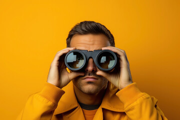 Man looking through binoculars on yellow background. Find and search concept - obrazy, fototapety, plakaty
