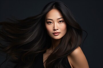 Fototapeta premium Relaxed Asian Woman With Long Hair Against Dark Background