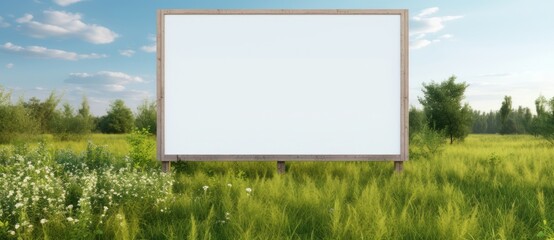Advertising blank horizontal billboard in green field on spring or summer day.