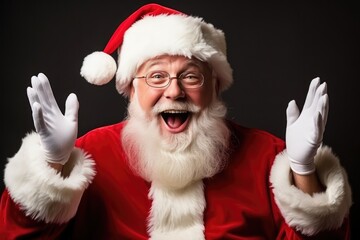 Santa Claus Expressing Joyful Surprise With Hands On Face. Сoncept Winter Wonderland Photoshoot, Festive Red And Green Decor, Magical Snowfall, Joyful Santa Expressions