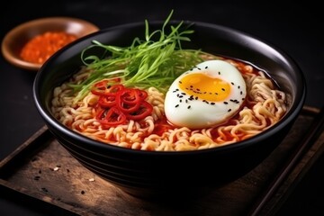 Spicy Korean Ramen With Noodles And Egg - obrazy, fototapety, plakaty