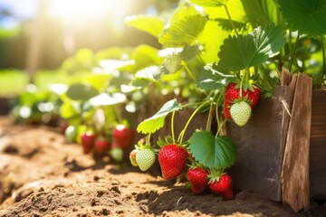 Obraz premium Strawberry Plants On Farm. Сoncept Sunset Over The Ocean, Urban Street Art, Adventure Travel, Mountain Landscape