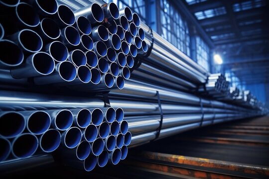 Stack Of Steel Pipes In Factory Warehouse. Сoncept Industrial Machinery, Manufacturing Process, Warehouse Storage, Steel Pipe Production, Factory Equipment