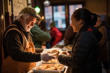 Volunteer Serves Hot Meals To The Homeless At Soup Kitchen
